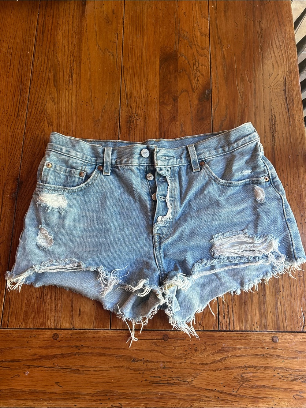 Levi's Light Blue Distressed Button-Front Denim Shorts
